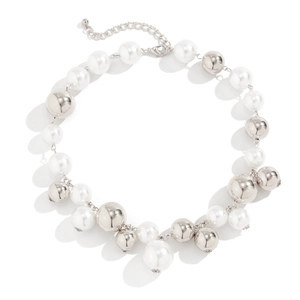 Close-up of pearl and silver metal bead necklace with lobster clasp and chain
