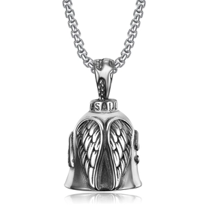 Silver eagle wings bell pendant with USA motif on round box chain necklace