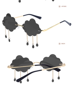 Cloud-shaped frameless sunglasses with gold metal temples and dangling teardrop charms