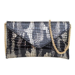 Chic black and gold envelope handbag with crocodile pattern and golden chain strap
