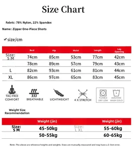 Tableau des tailles détaillé pour combishort de yoga zippé avec matières et dimensions