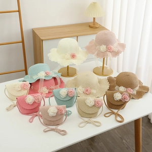Children's woven straw sun hat and matching flower bag set in multiple pastel colors