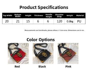 Detailed size chart for retro rivet handbag showing dimensions, PU material and color options