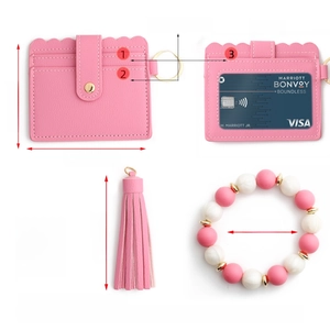 Pink silicone bead bracelet with PU leather card wallet, keychain and tassel details