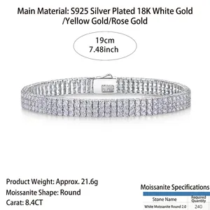 S925 silver 18K gold plated three-row 8.4CT moissanite tennis bracelet for women