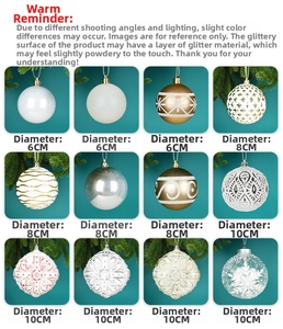 Detail view of 12 festive Christmas ball ornaments with glitter and painted patterns