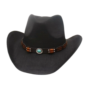 Classic black straw western cowboy hat with turquoise bead band on white background