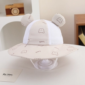 Detailed view of mesh sun hat for toddlers with cute bear ears and breathable fabric