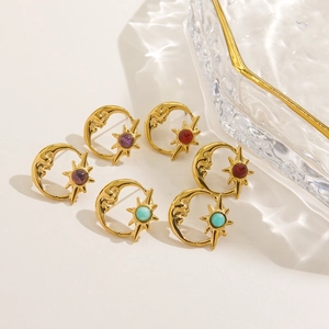 Vintage 14K gold plated celestial moon and star stud earrings set with natural stones