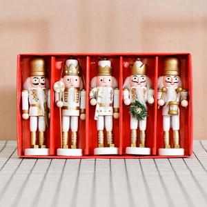 Set of 5 white and gold Nutcracker soldier ornaments in a red decorative gift box