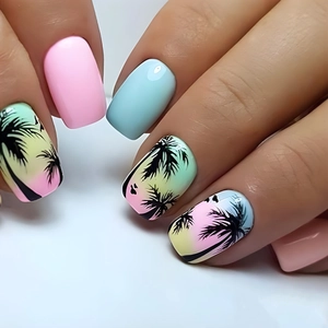 Press On Nails Short Square Summer Tropical Palm Trees Macaron Pink Blue Gradient Resin False Nails For Women Holiday Style