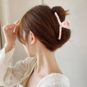 Pink checkered fabric claw clip for women, sweet floral summer hair accessory on hair