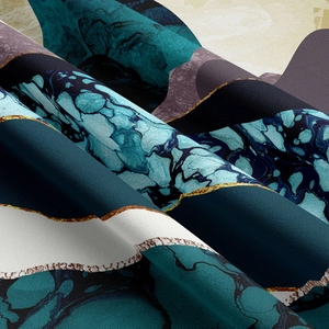 Macro shot of marble texture fabric with deep blue, cyan and gold metallic lines