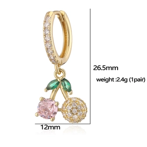 Sparkling pink cherry drop earrings in gold-plated brass with micro-inlaid cubic zirconia