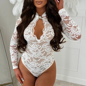 Sexy Lace Long Sleeve Bodysuit Hollow Out High Neck Slim Fit Perspective Streetwear For Women