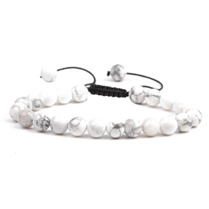 Adjustable white marble stone beaded bracelet with black woven cord for men and women
