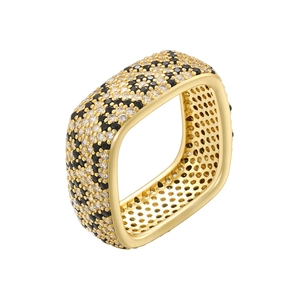 Macro view of gold square ring with black and white zircon animal leopard print pattern