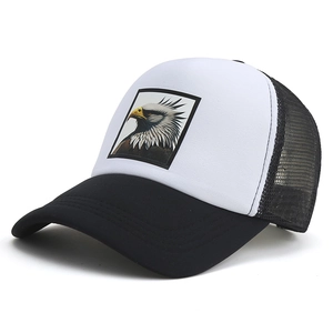 Classic black and white trucker hat with eagle patch and breathable mesh back