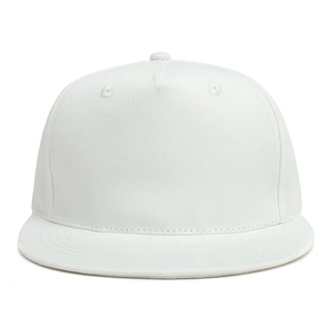 Front view detail of a classic white cotton snapback hat with flat brim and five-panel design