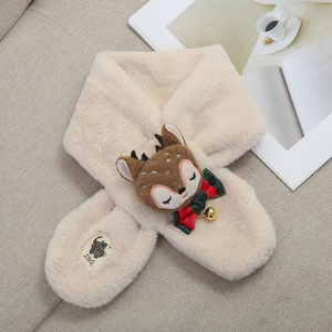 Detail of plush faux rabbit fur scarf with a cute deer doll and decorative bow for kids