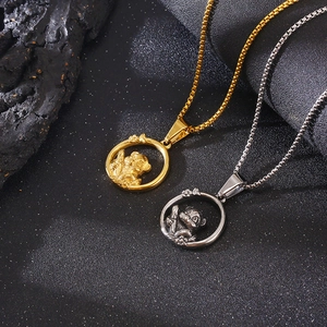 Creative titanium steel necklace featuring hollow round red panda pendant in gold and silver