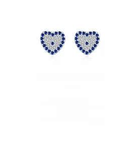 Close-up of S925 sterling silver heart stud earrings with blue and white cubic zirconia