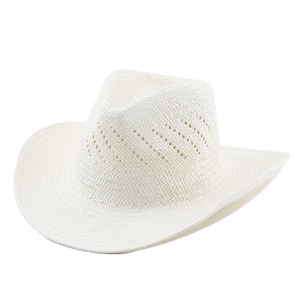 Detail of white hand-woven cowboy hat featuring breathable hollow-out patterns and curved brim