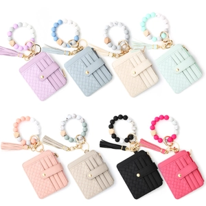 Silicone bead wristlet keychain with woven texture card holder wallet in eight colors