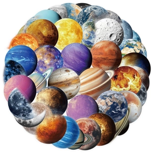 Close-up of waterproof cartoon planet stickers with realistic planet textures on white background