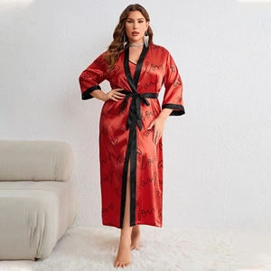Plus size red satin love print bathrobe with black trim and belt loungewear set