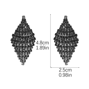 Detailed size view of luxury black rhinestone rhombus earrings with dimensions measurements