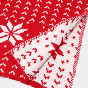 Close-up of red Christmas knit fabric with white snowflake patterns and soft texture