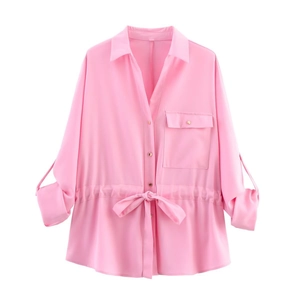 Pink lapel long-sleeve safari style shirt with adjustable drawstring waist for women
