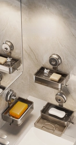 Wall-mounted space aluminum soap holder with drainage tray and hooks in gray finish
