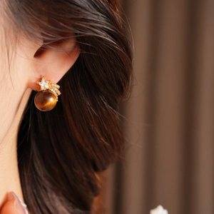 Vue détaillée des boucles d'oreilles étoile en oeil de tigre avec zircon et doré brillant