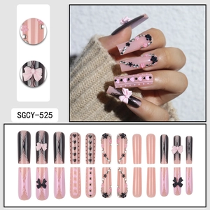 Pink and black bow press-on nails with lace patterns and rhinestones 24pcs set