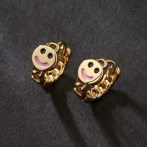 Hoop Earrings 18K Gold Plated Copper Pink Enamel Smiley Face Chain Link Texture European Style For Women