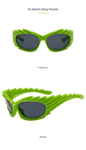 Front and side view of neon green eyewear with avant-garde wing design and grey lenses