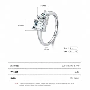 S925 sterling silver ring with heart and emerald cut zirconia stones and dimensions