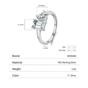 S925 sterling silver ring with heart and emerald cut zirconia stones and dimensions