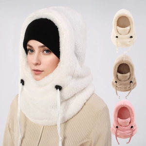 Winter Balaclava Plush Hat Adjustable Drawstring Windproof Warm Neck Warmer Face Mask For Women Outdoor Cycling Sport