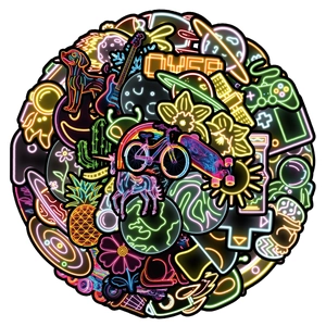 Macro detail of waterproof neon graffiti stickers featuring colorful icons on black background