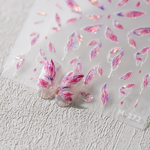 Adesivi per unghie 3D ali di farfalla rosa con effetto glitter laser e rilievo M-272