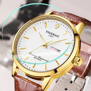 Men's TIGERAO gold quartz watch with white dial, date display and brown leather strap