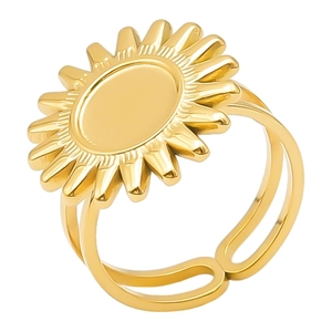 Detail of adjustable double-layer gold sunflower ring made from polished stainless steel