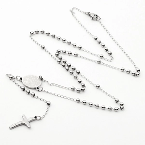 Silver stainless steel rosary necklace with crucifix and miraculous medal pendant