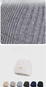 Close-up of the ribbed knit texture and label detail on a warm winter beanie hat