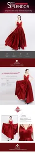 Detailed view of red satin evening gown featuring slim cross-over spaghetti straps