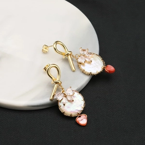 Baroque Freshwater Pearl Earrings With Zircon Bow And Red Heart Pendant 18K Gold Plated 925 Sterling Silver Earring Post