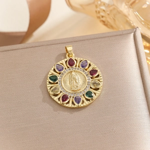 Virgin Mary gold pendant with colorful zircons and micro-set crystals for women